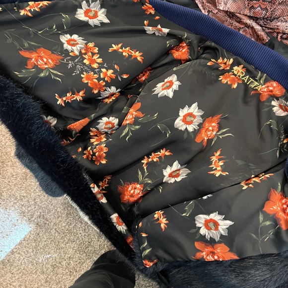 Navy ARATTA Fur Jacket Reversible Floral Lining - Picture 4 of 8